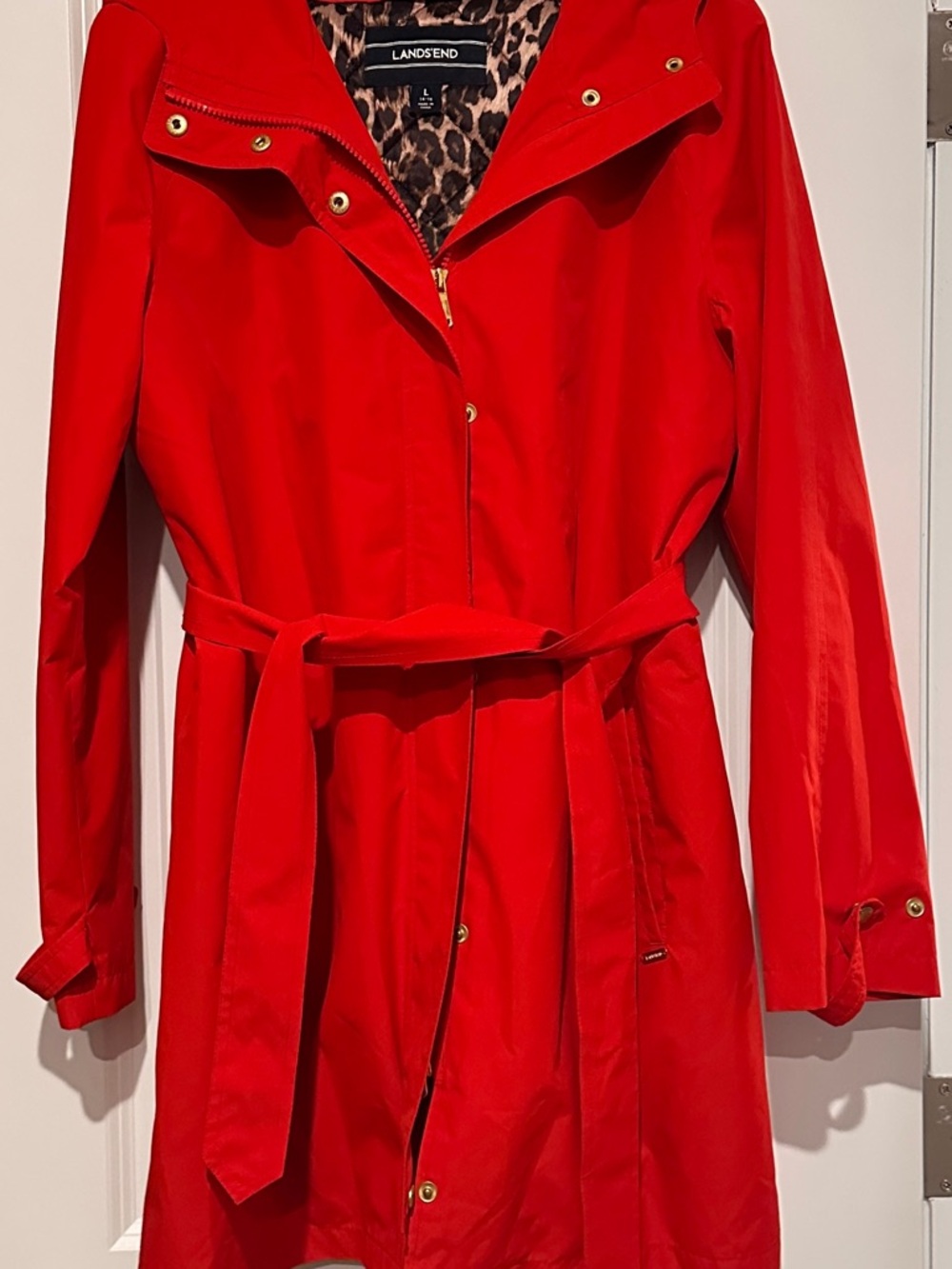 Lands End Red Hooded Trench Coat with Belt